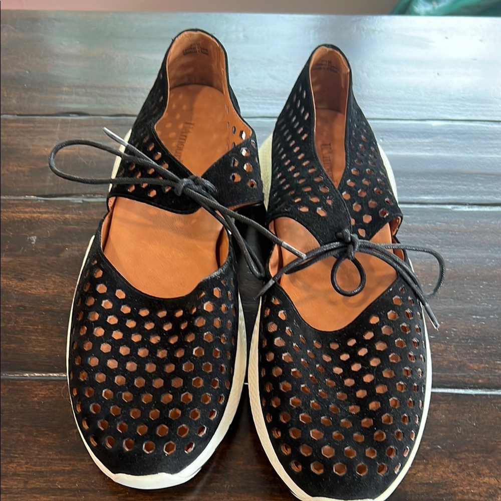 Black Lace-Up Perforated Shoes with White Sole